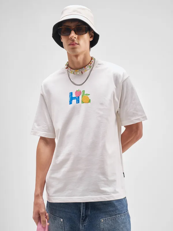 Highlander Men White Printed Round Neck T-Shirt