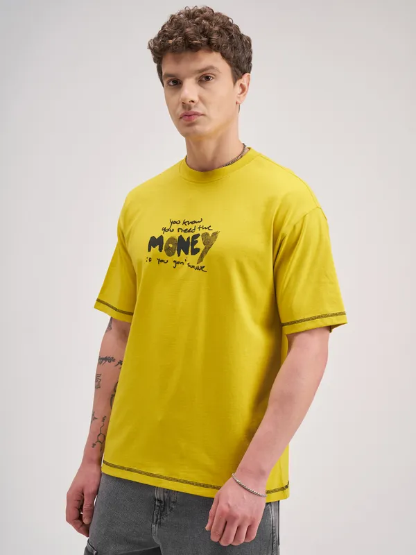 Highlander Men Yellow Printed Round Neck T-Shirt