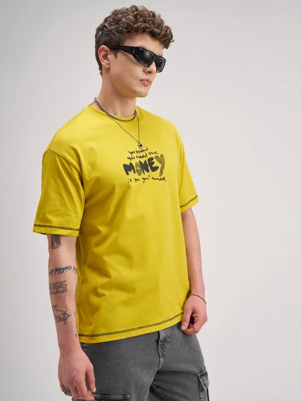 Highlander Men Yellow Printed Round Neck T-Shirt