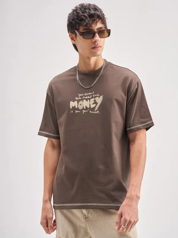 Highlander Men Brown Printed Round Neck T-Shirt