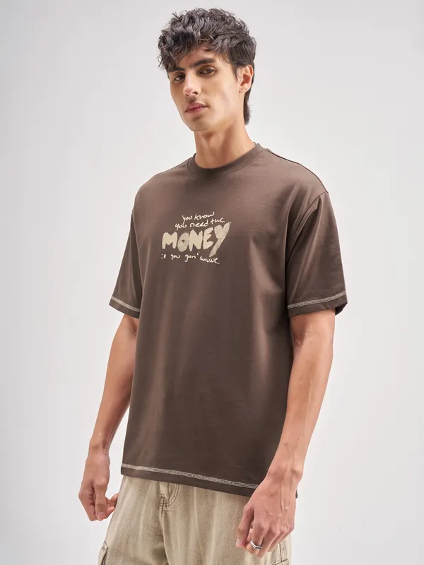 Highlander Men Brown Printed Round Neck T-Shirt