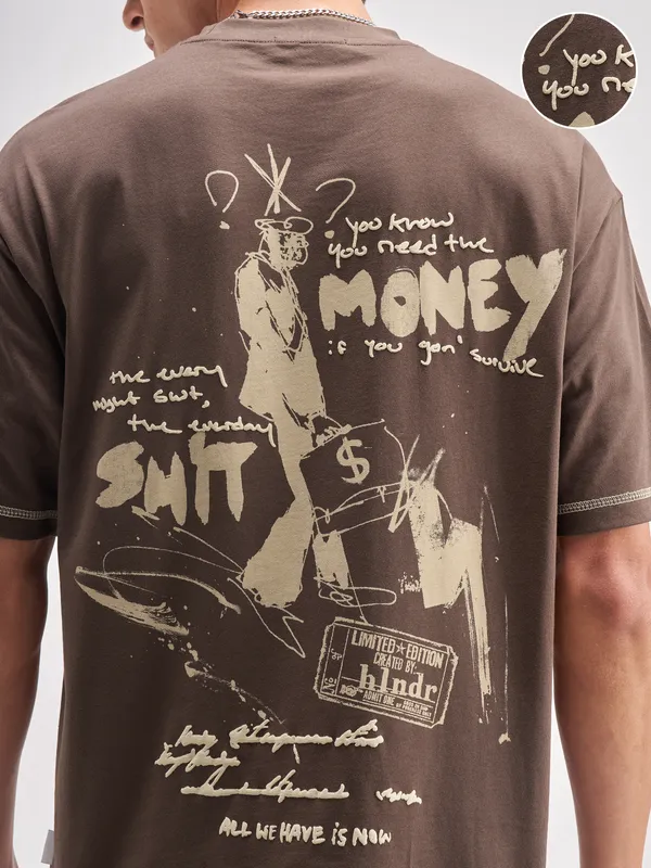 Highlander Men Brown Printed Round Neck T-Shirt