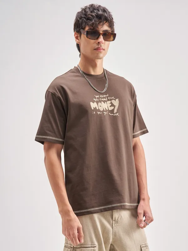 Highlander Men Brown Printed Round Neck T-Shirt