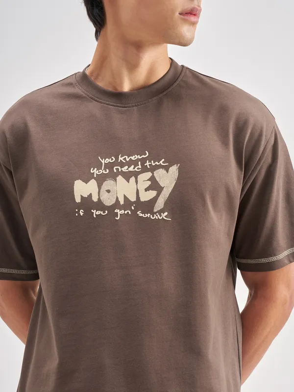 Highlander Men Brown Printed Round Neck T-Shirt