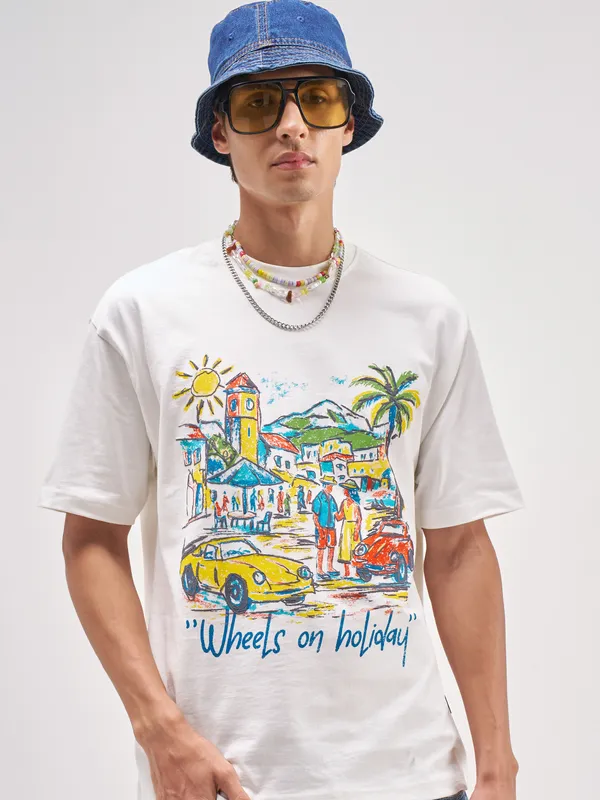 Highlander Men White Printed Round Neck T-Shirt