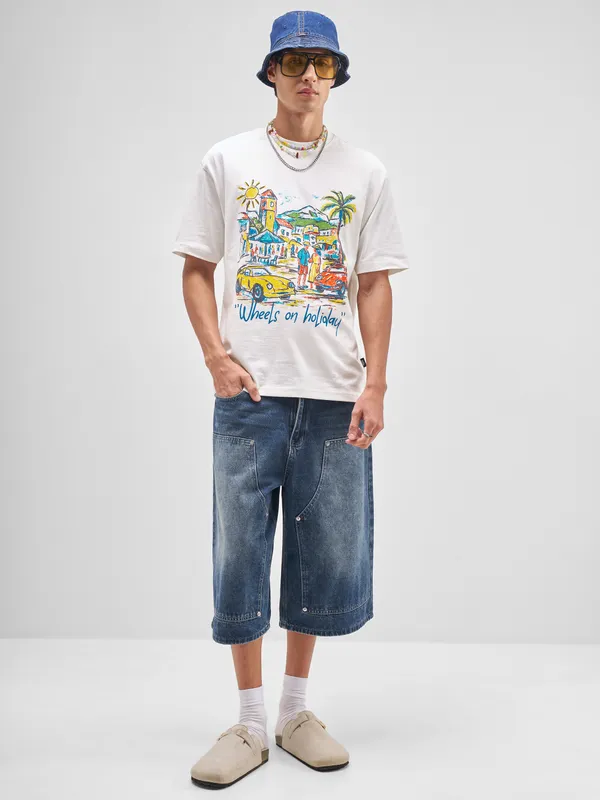 Highlander Men White Printed Round Neck T-Shirt