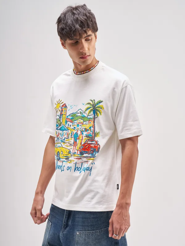 Highlander Men White Printed Round Neck T-Shirt