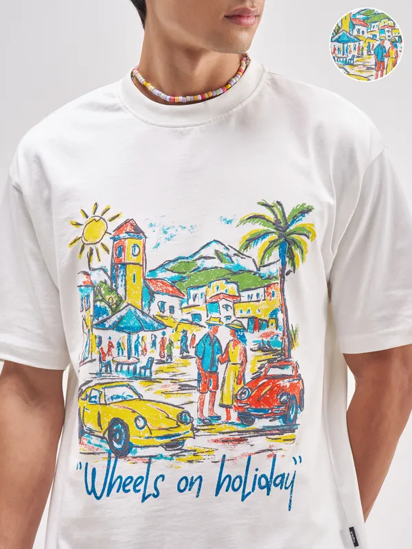 Highlander Men White Printed Round Neck T-Shirt