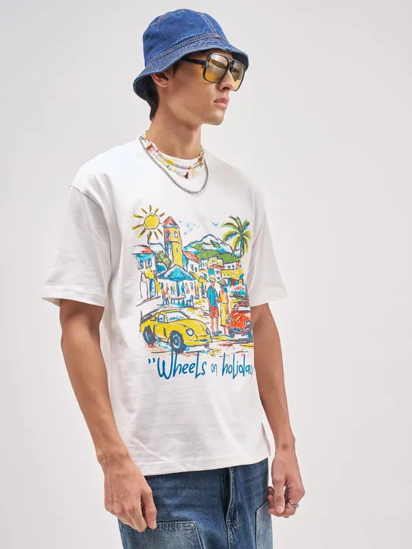 Highlander Men White Printed Round Neck T-Shirt