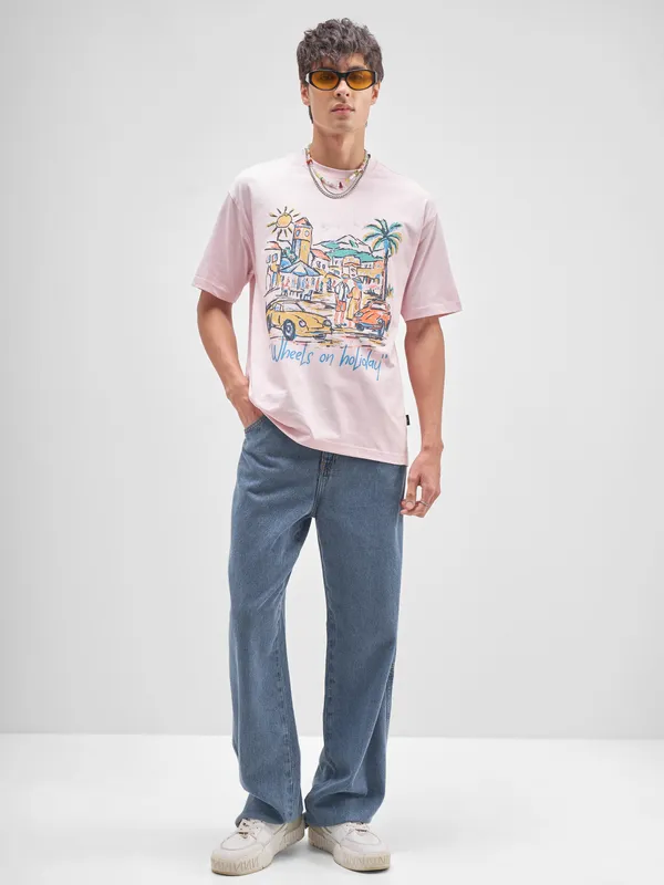 Highlander Men Pink Printed Round Neck T-Shirt