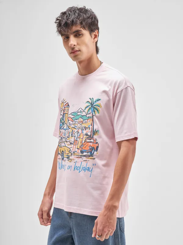 Highlander Men Pink Printed Round Neck T-Shirt