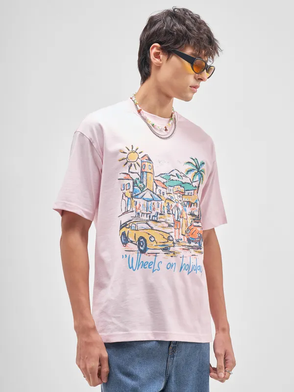 Highlander Men Pink Printed Round Neck T-Shirt