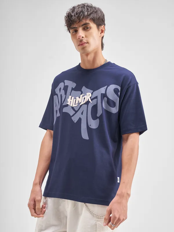 Highlander Men Blue Printed Round Neck T-Shirt