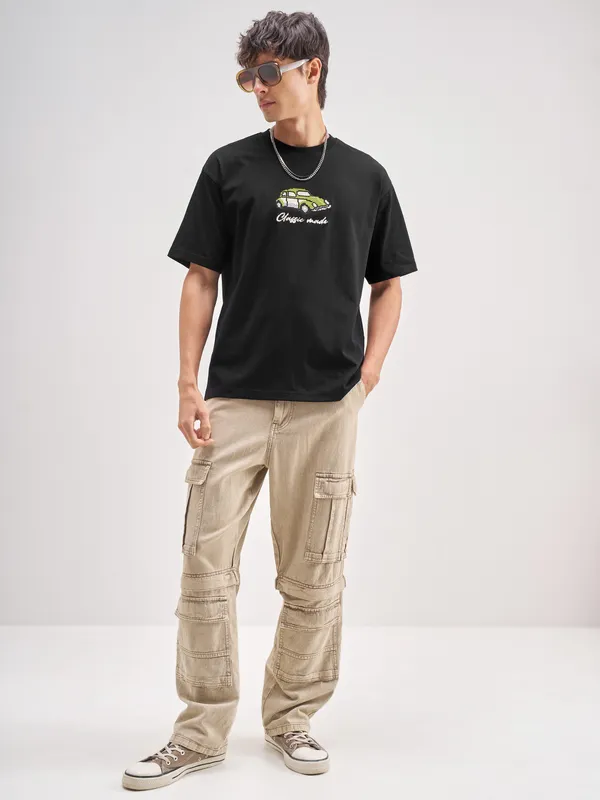 Highlander Men Black Embroidered Round Neck Embroidered T-Shirt