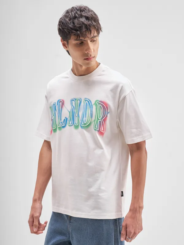 Highlander Men White Printed Round Neck T-Shirt