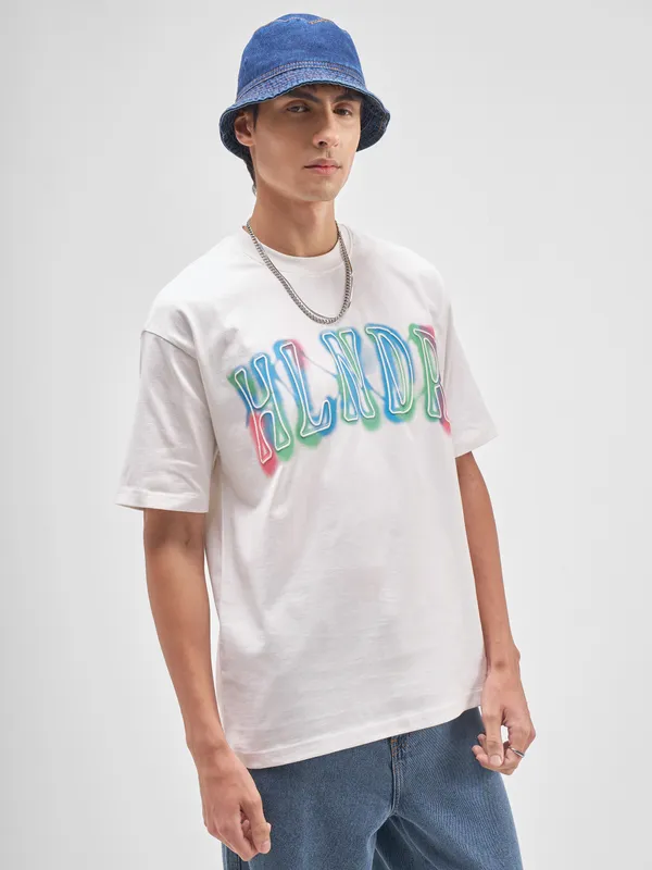 Highlander Men White Printed Round Neck T-Shirt