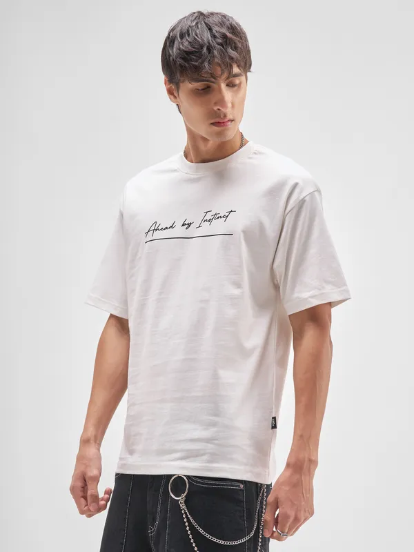 Highlander Men White Printed Round Neck T-Shirt