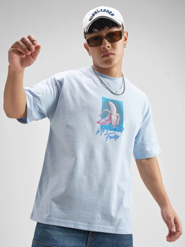 Highlander Men Blue Printed Round Neck T-Shirt