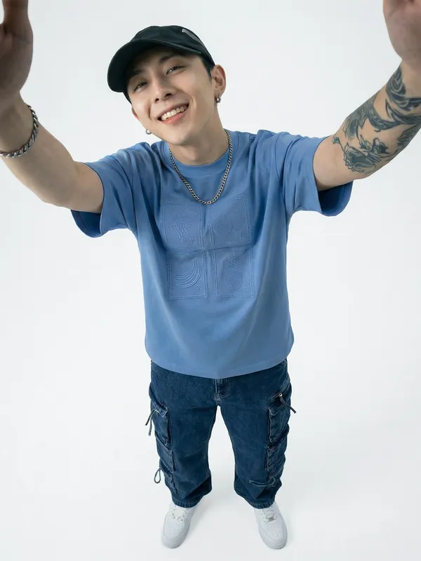 Highlander Men Blue Printed Round Neck T-Shirt