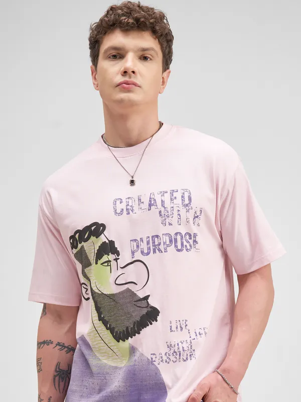 Highlander Men Pink Printed Round Neck T-Shirt