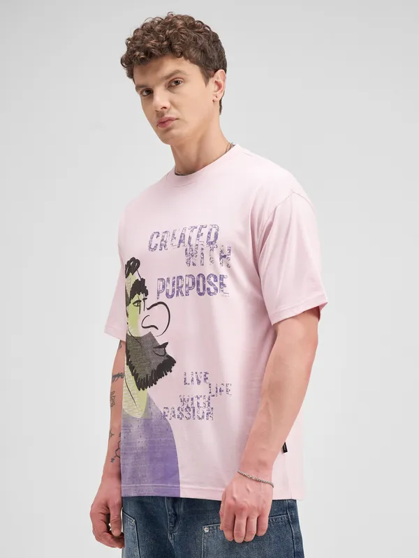 Highlander Men Pink Printed Round Neck T-Shirt
