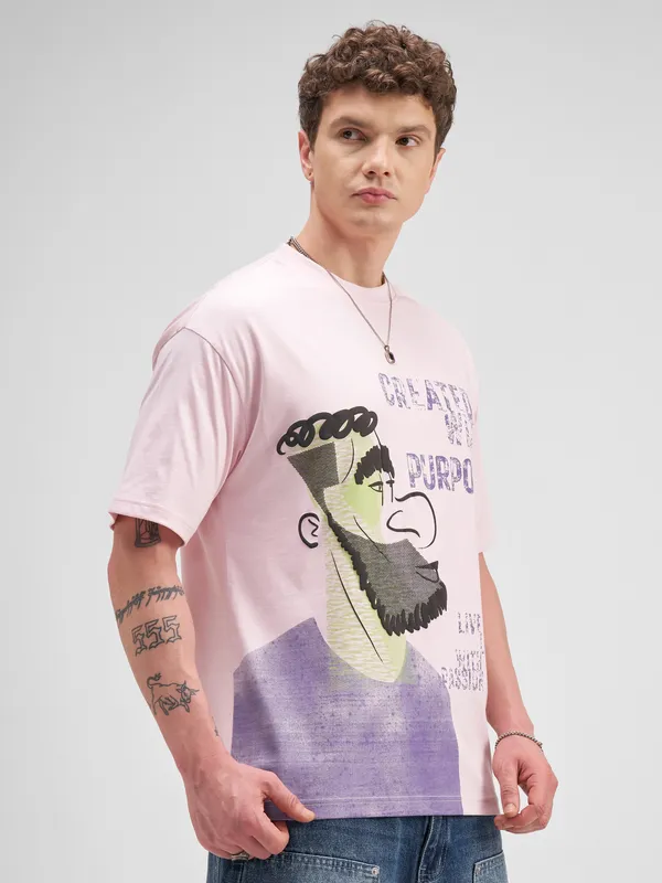 Highlander Men Pink Printed Round Neck T-Shirt