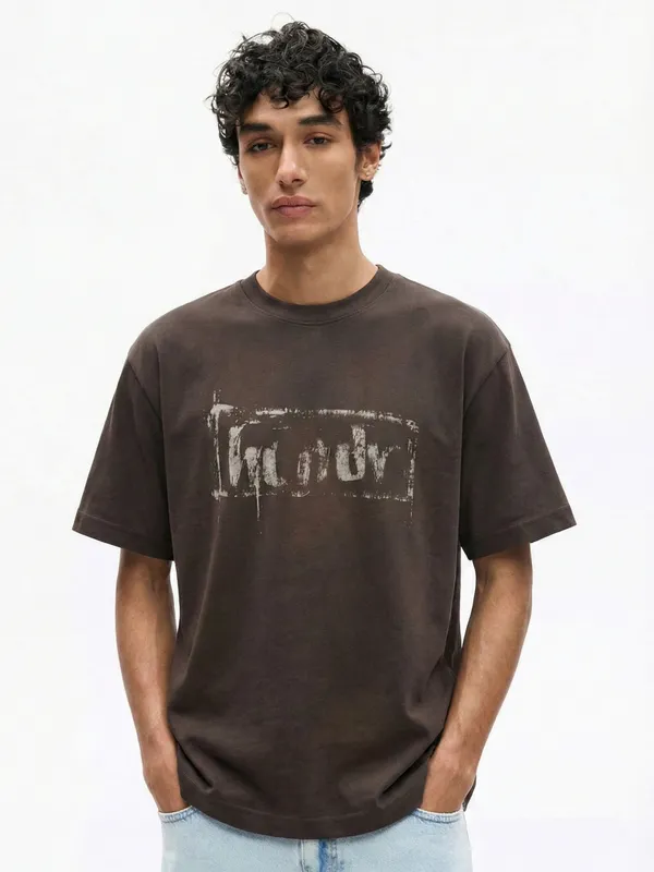 Highlander Men Brown Printed Round Neck T-Shirt