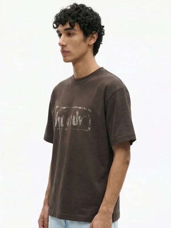 Highlander Men Brown Printed Round Neck T-Shirt