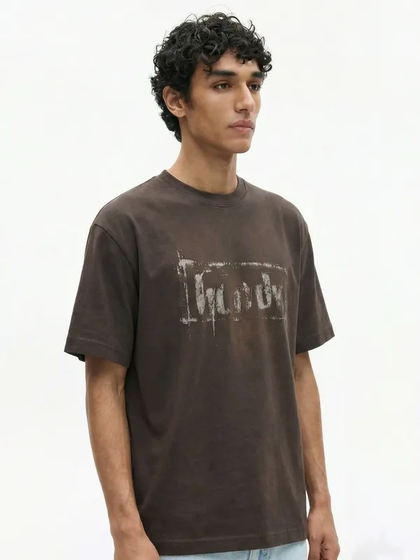 Highlander Men Brown Printed Round Neck T-Shirt