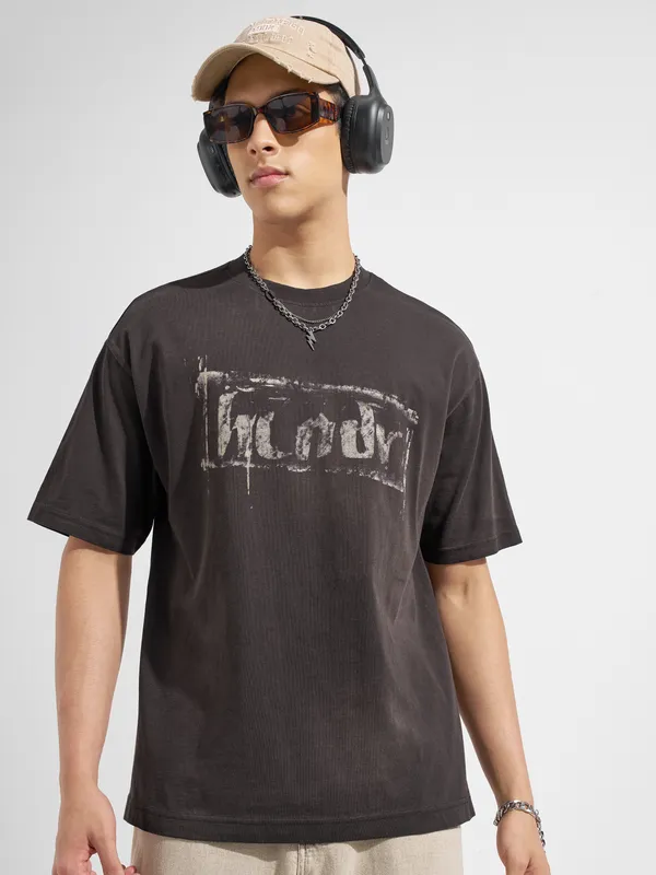 Highlander Men Brown Printed Round Neck T-Shirt