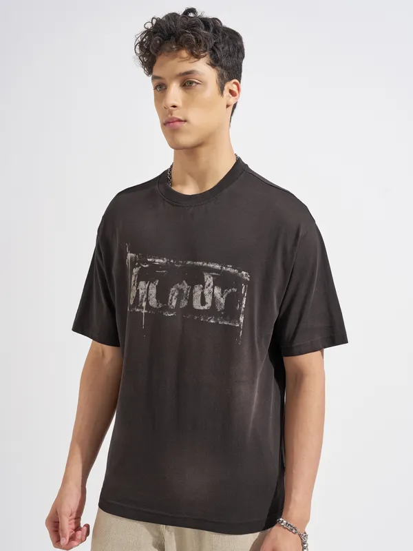 Highlander Men Brown Printed Round Neck T-Shirt