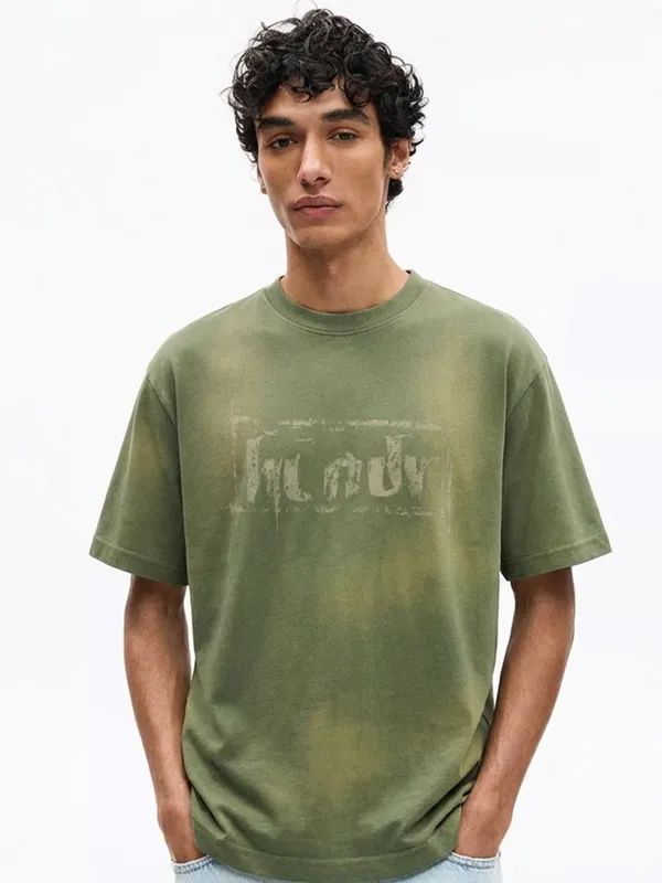 Highlander Men Olive Printed Round Neck T-Shirt