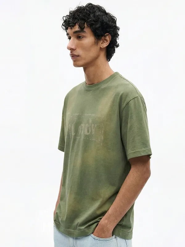 Highlander Men Olive Printed Round Neck T-Shirt