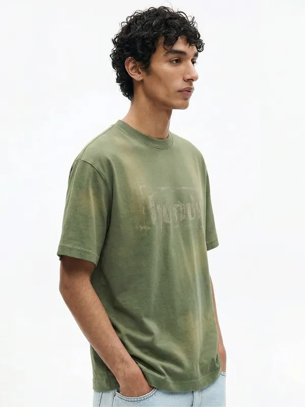 Highlander Men Olive Printed Round Neck T-Shirt