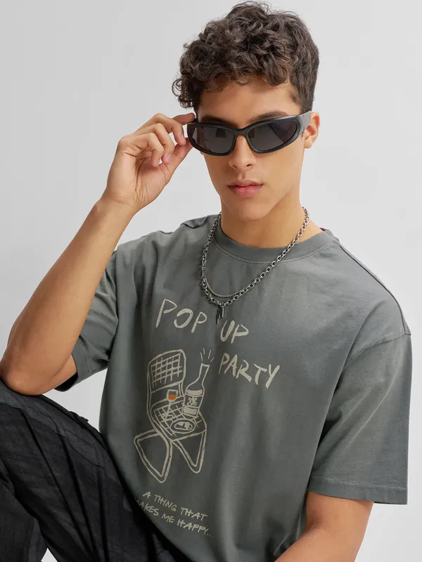 Highlander Men Grey Printed Round Neck T-Shirt