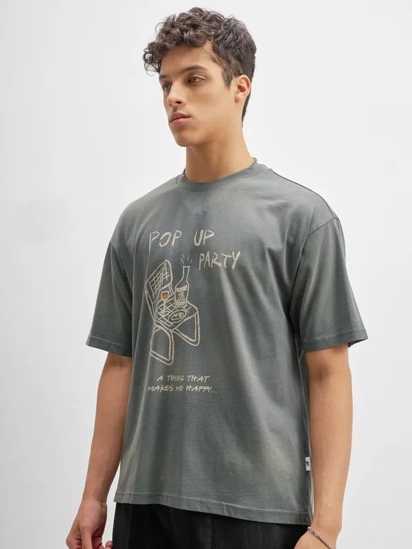 Highlander Men Grey Printed Round Neck T-Shirt