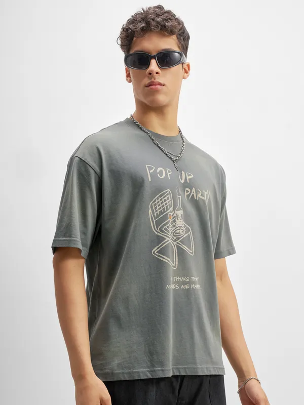 Highlander Men Grey Printed Round Neck T-Shirt