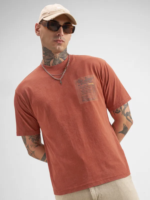 Highlander Men Rust Printed Round Neck T-Shirt