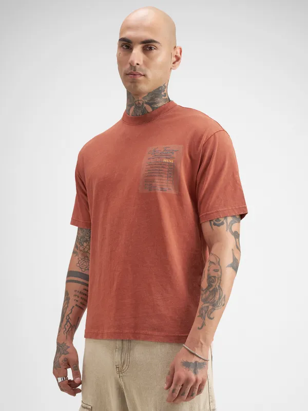 Highlander Men Rust Printed Round Neck T-Shirt