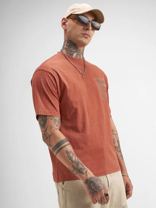 Highlander Men Rust Printed Round Neck T-Shirt