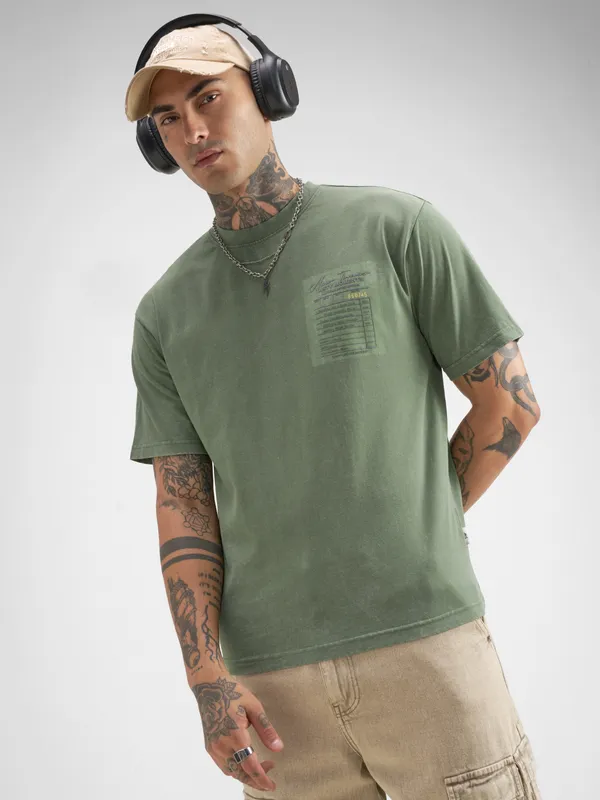 Highlander Men Green Printed Round Neck T-Shirt