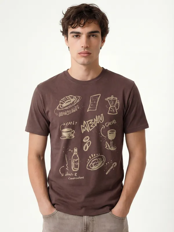 Highlander Men Brown Printed Round Neck T-Shirt