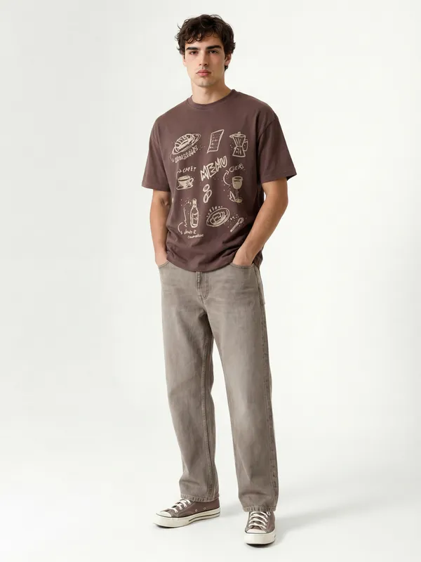 Highlander Men Brown Printed Round Neck T-Shirt