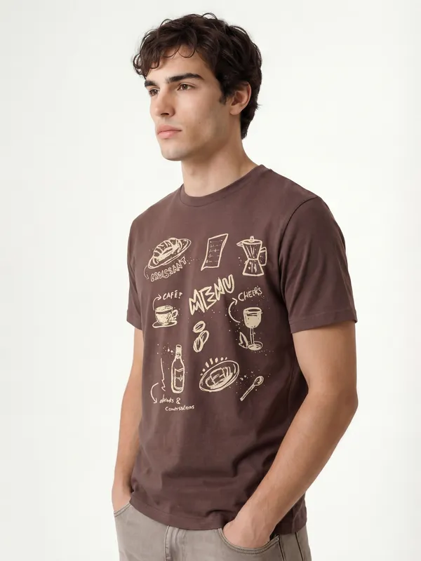 Highlander Men Brown Printed Round Neck T-Shirt