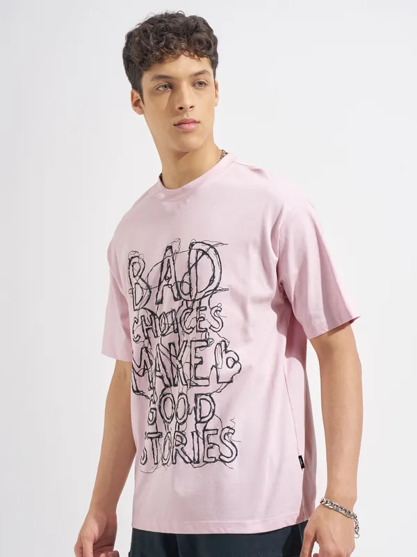 Highlander Men Pink Printed Round Neck T-Shirt