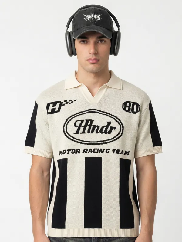 Highlander Men Beige Printed Polo Collar T-Shirt