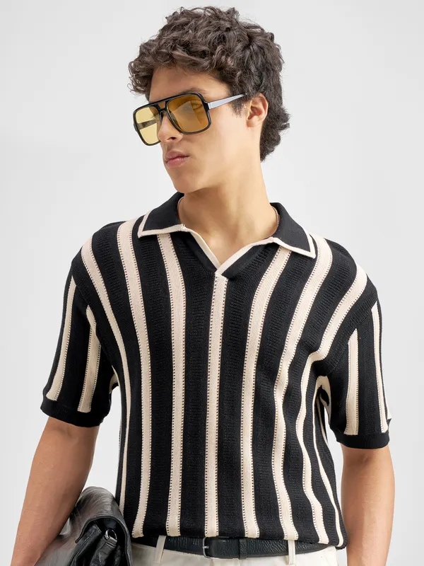 Highlander Men Black Self Design Polo Collar T-Shirt