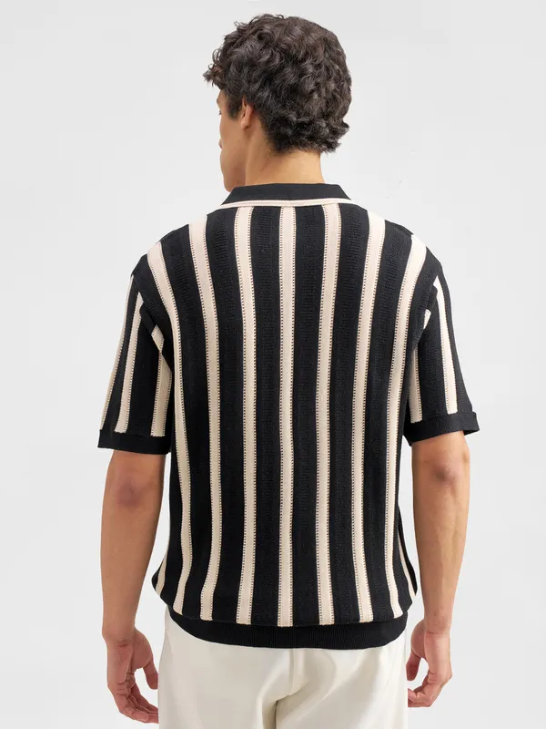 Highlander Men Black Self Design Polo Collar T-Shirt