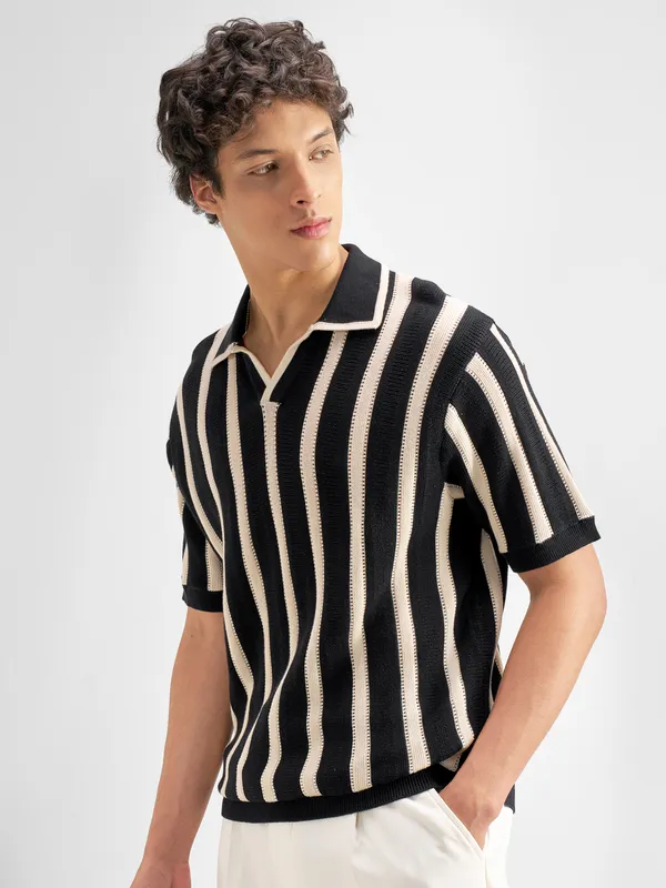 Highlander Men Black Self Design Polo Collar T-Shirt