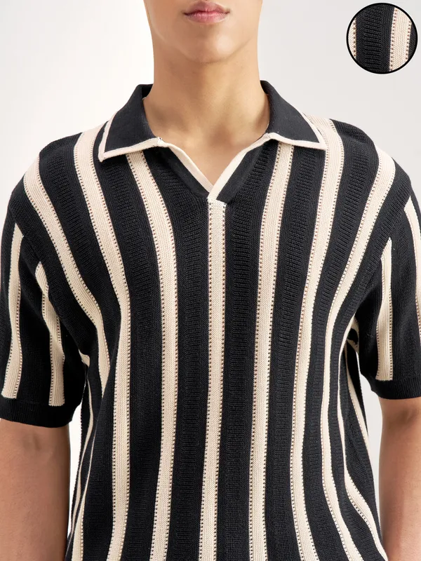 Highlander Men Black Self Design Polo Collar T-Shirt